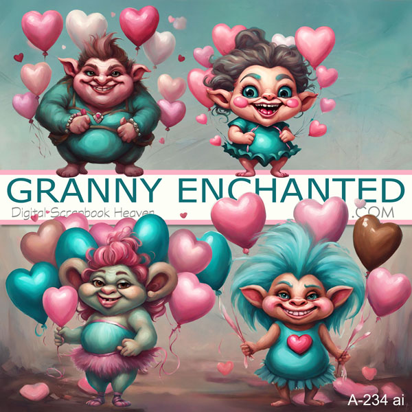 Valentines Troll Clipart in Teal with Heart Balloons