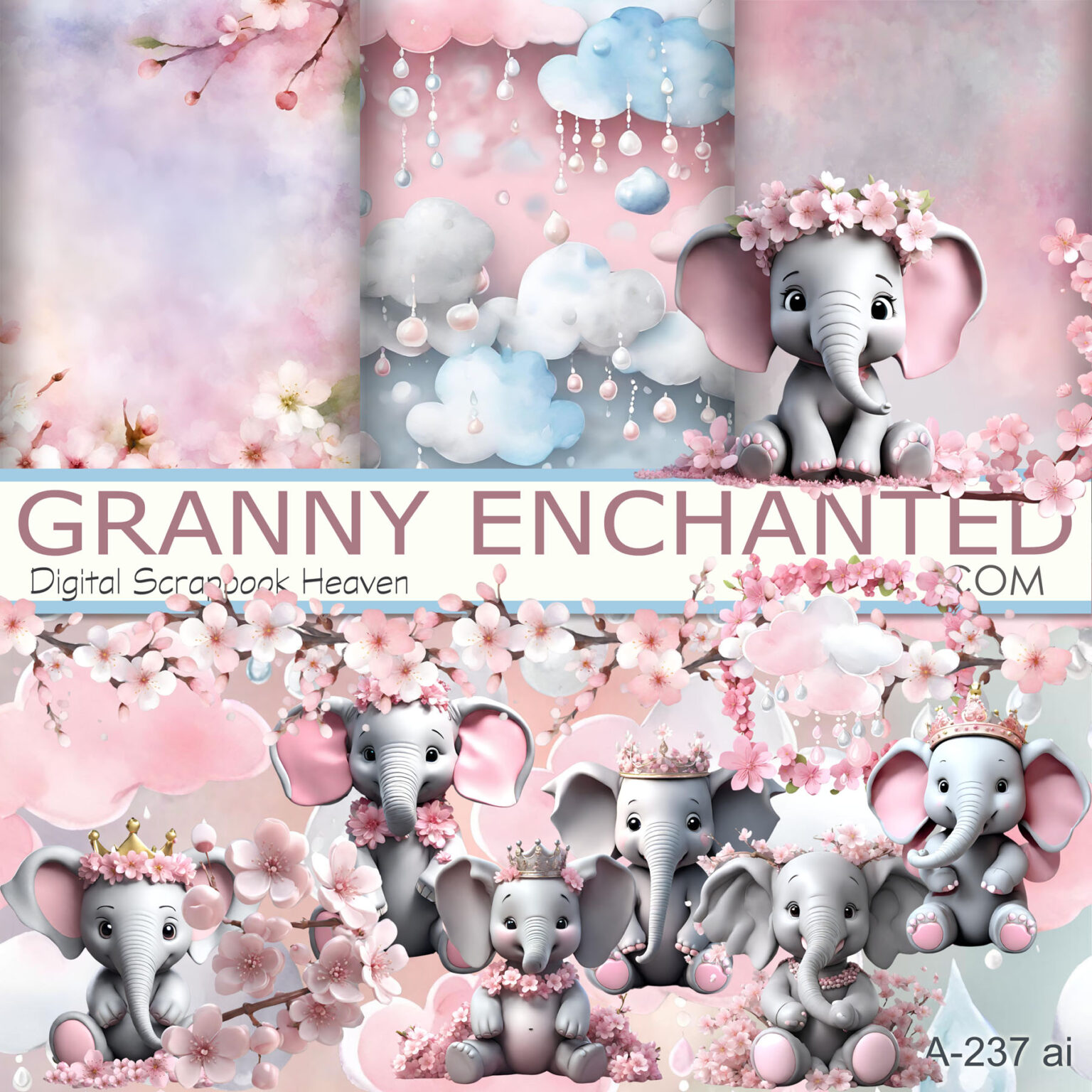 A-237 ai Elephant Blossoms Digital Scrapbook Kit – Granny Enchanted Designs