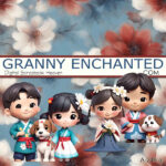Red White and Blue Floral Background with Characters in Korean Hanbok