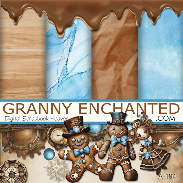 Gingerbread man clipart digital scrapbook kit with winter backgrounds and dripping chocolate and steampunk elements in digital format