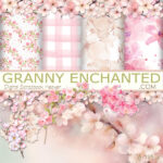 Cherry blossom clipart elements with pink themed backgrounds in digital format.