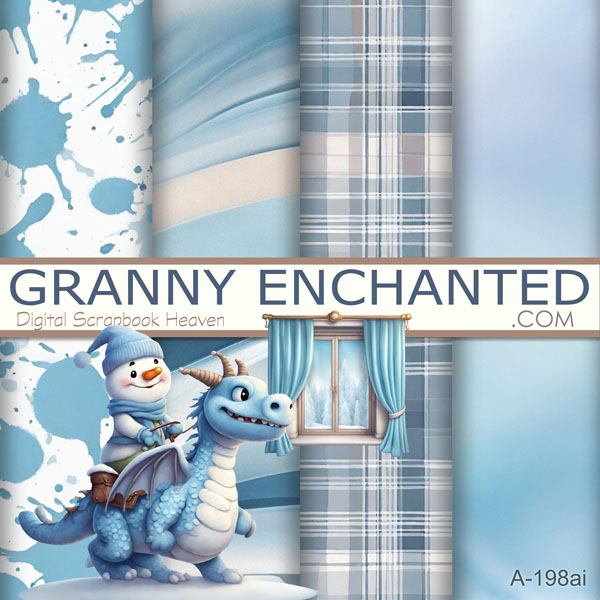 Snowman clipart with dragon, window, and backgrounds in blue and white, 3D animation style in digital format.