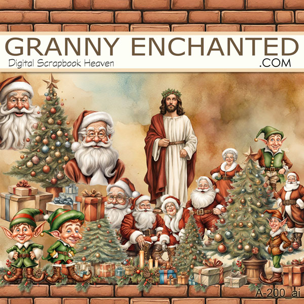 Vintage Santa Clipart with Jesus Christ Christmas elements and watercolor backgrounds