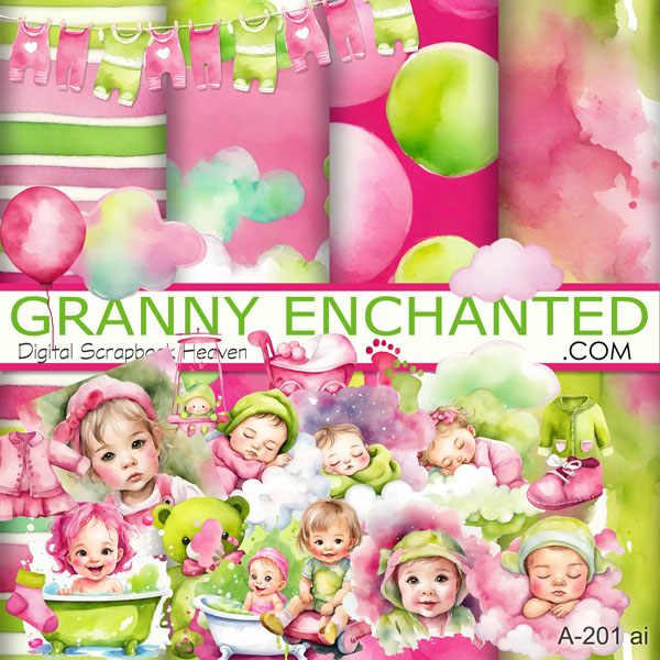 Baby Clipart A-201 ai Chartreuse and Hot Pink Girl Digital Scrapbook Kit