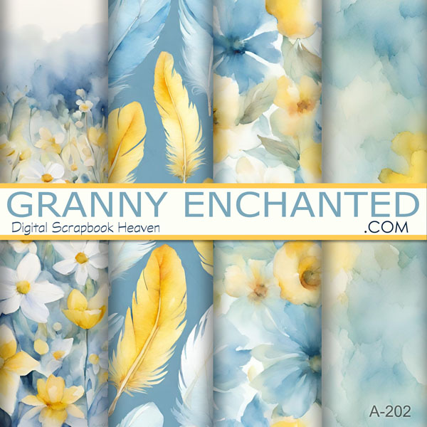 Yellow, blue, and teal floral, watercolor, and feather backgrounds for digital scrapbooking