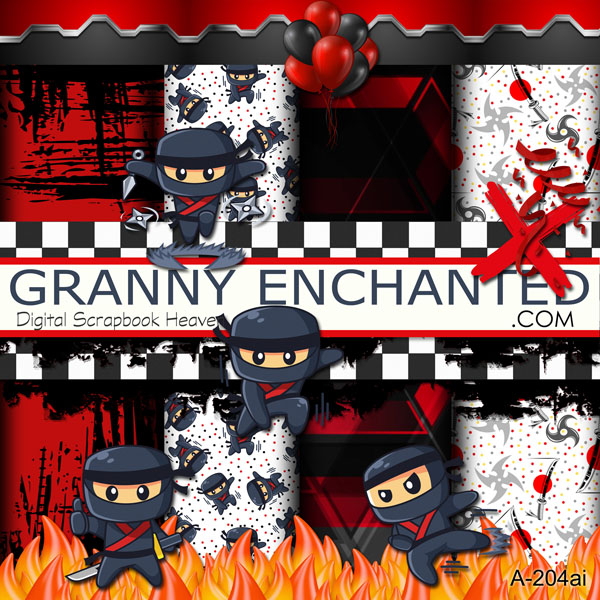 Ninja clipart digital scrapbook kit with chibi and bold black and red backgrounds