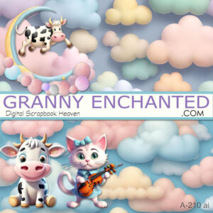The Cow Jumped Over the Moon Clipart with cloud backgrounds in pastel 3D animation art style