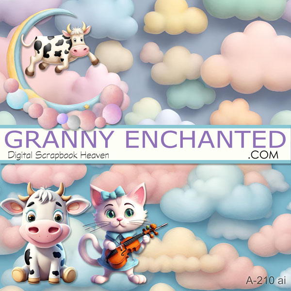 The Cow Jumped Over the Mood Clipart with Cloud Backgrounds in 3D animation style