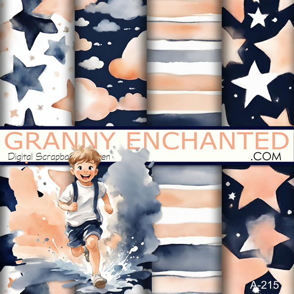 Boy scrapbook pages with digital backgrounds in stars, stripes, and clouds, with boy running clipart in watercolor style
