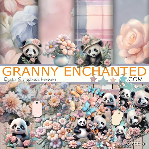 Panda clipart with floral backgrounds and flower elements