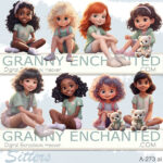 Cute kid clipart in 3d animation style with 8 little girls in sitting position