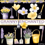 Yellow and lavender garden clipart with tools and floral trim