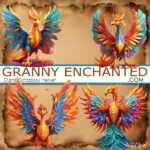 Phoenix clipart elements and burnt parchment background image in digital