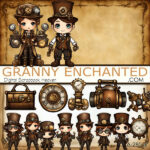 This Steampunk Clipart Chibi kit is packed with adorable chibi characters in sepia brown tones.