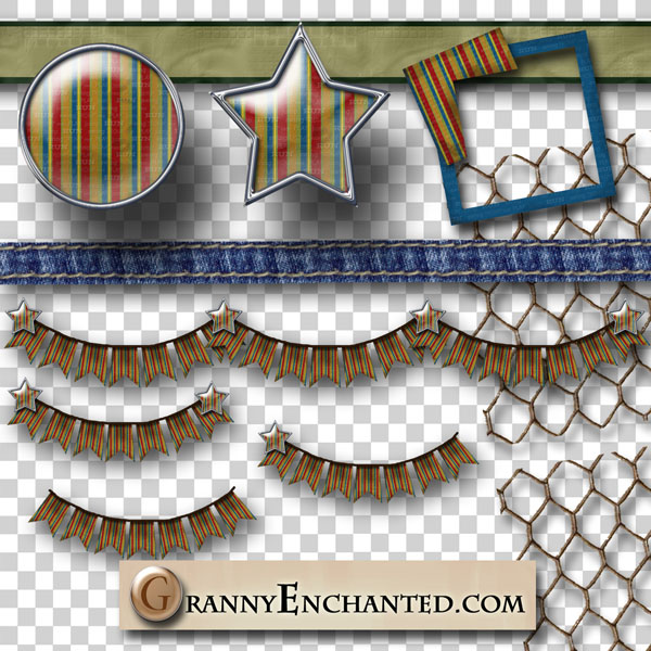 Chicken wire clipart with bunting trim, ribbon, and brads in digital