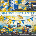 Grandma clipart including grandmas riding motorcycles and holding umbrellas with bold yellow and blue backgrounds in digital format.