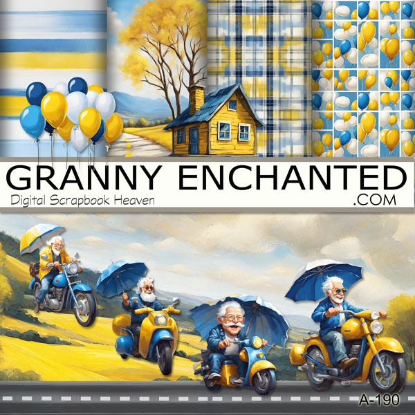 Grandpa clipart on motorcycles with umbrellas and road element, including fun backgrounds in yellow and blue digital format.