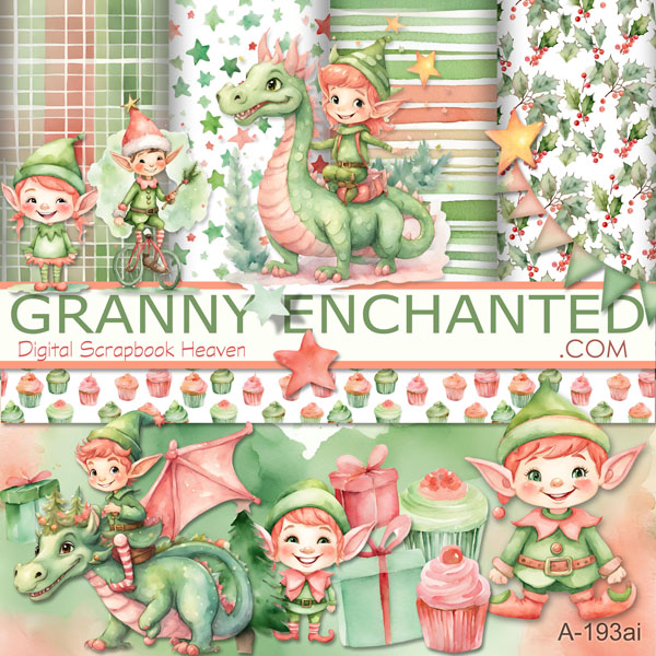 Elf clipart with dragon clipart and coral pink and green Christmas backgrounds in digital format.
