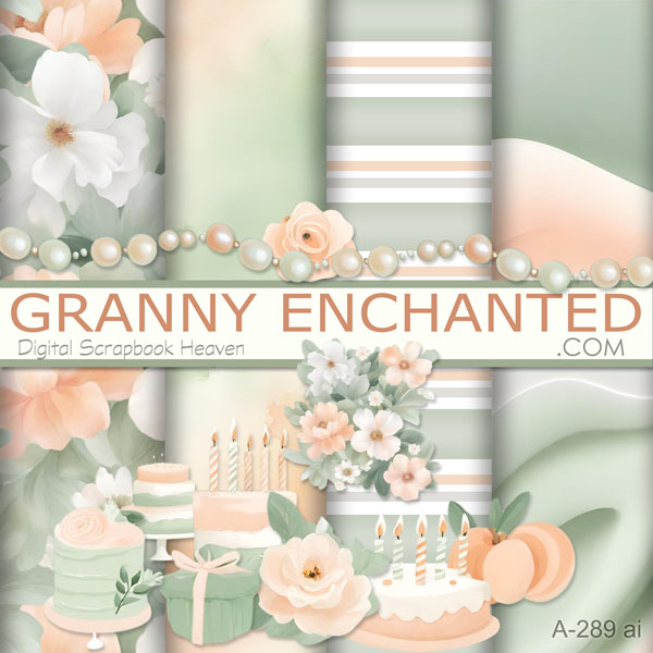 A-289 ai Peach and Sage Digital Scrapbook Kit With Cake Clipart