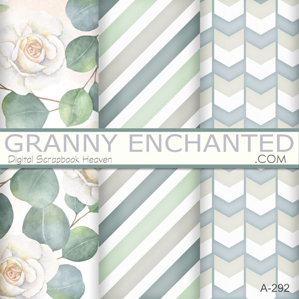 Floral designs, stripes, and chevron digital backgrounds in white, sage, and taupe
