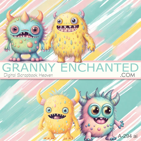 Pastel ugly monster clipart elements in pink, yellow, and teal, including scribbled doodle marker background in digital format.