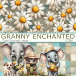 Elephant and porcupine clipart with daisy and patchwork backgrounds in digital format.