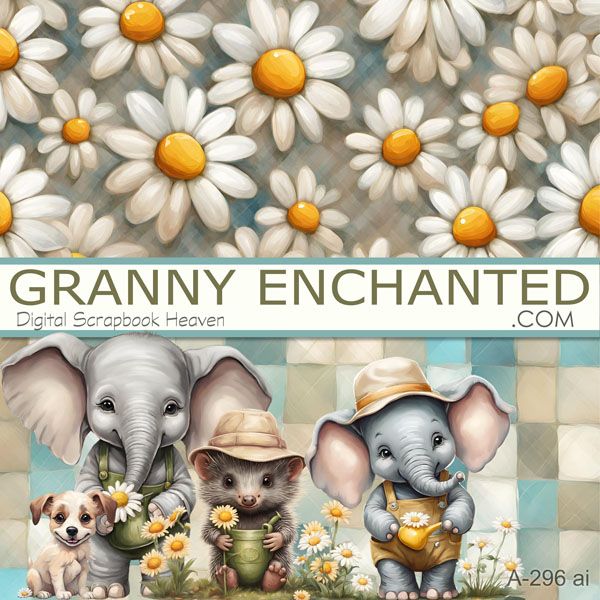 A-296 ai Porcupine Clipart with Elephants and Daisies