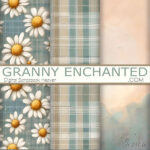 Daisy background with plaid background and watercolor wash background in neutral hues in digital format.