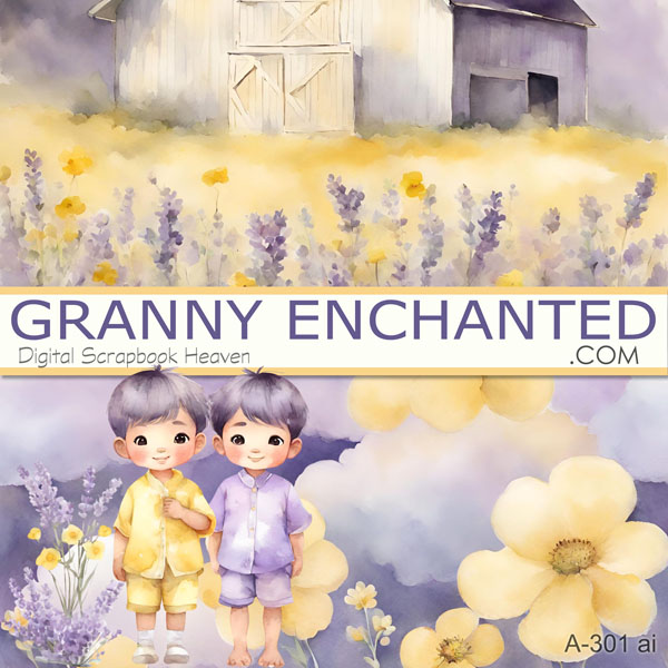 Yellow and lavender watercolor barn art with cloud background and boy clipart in digital format.