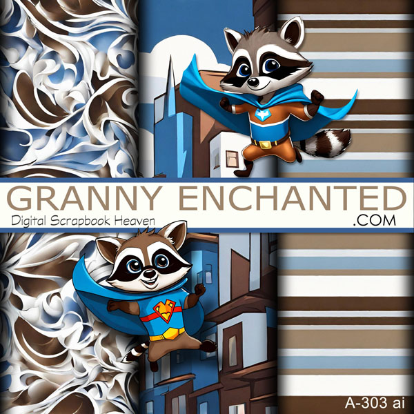 Raccoon clipart and blue and brown digital backgrounds