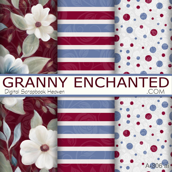Red white and blue floral background and stripes and dots in digital format.