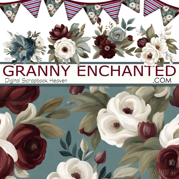 Red white and blue floral background with flower cluster elements and patriotic bunting in digital format