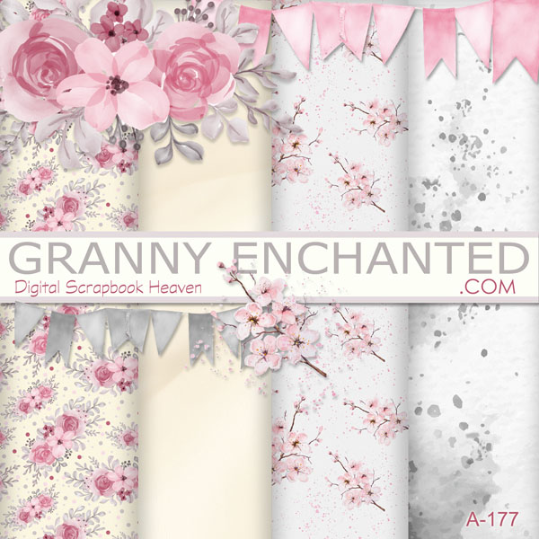 Pink rose and blossom digital scrapbook paper pack with bunting and flower elements