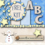 Snowman digital scrapbook kit in blues and yellows with stars