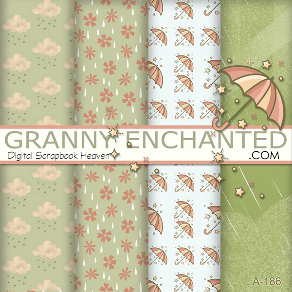 Rainy day themed digital scrapbook paper pack in greens and orange with umbrella clipart