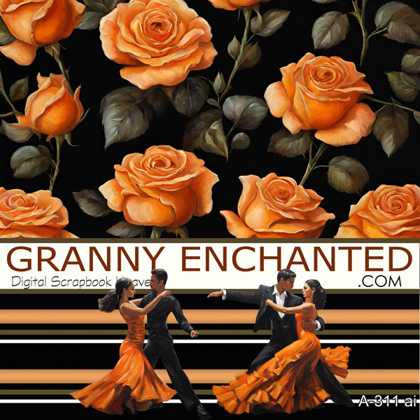 Orange roses on black background with ballroom dancing Tango clipart