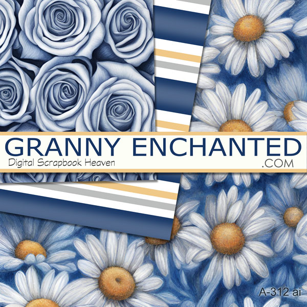 Daisy background on blue denim with stripe and rose backgrounds in digital format