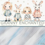 Doll and Bunny Clipart in digital format with backgrounds in pastel
