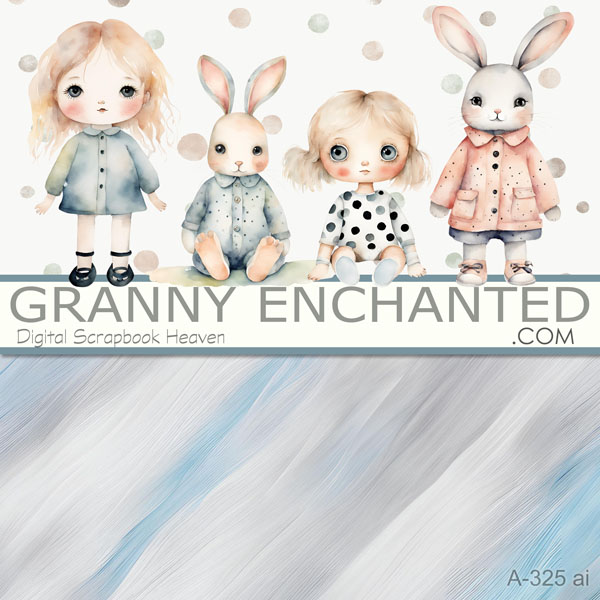 Doll and Bunny Clipart in digital format with backgrounds in pastel