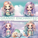 Mermaid clipart in watercolor style with digital background.
