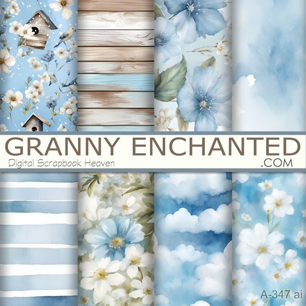 Blue and White Floral Watercolor Backgrounds with Wood, Wash, and Birdhouse Backgrounds in Digital Format