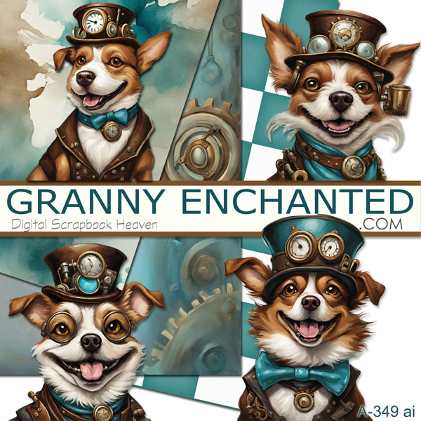 Steampunk dog clipart with digital backgrounds in teal and brown.
