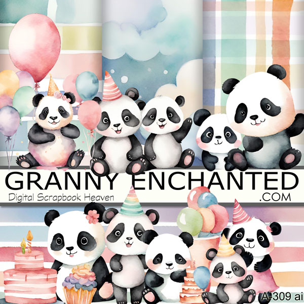 A-309 ai Happy Birthday Panda Clipart Digital Scrapbook Kit