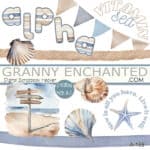 Beach clipart and alphabet in pastel browns and blue with seashells, wood sign, and bunting in digital format.