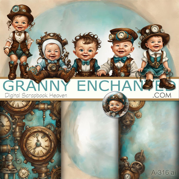 Steampunk Babies scrapbook kit in digital format with teal and brown watercolor backgrounds and baby elements.