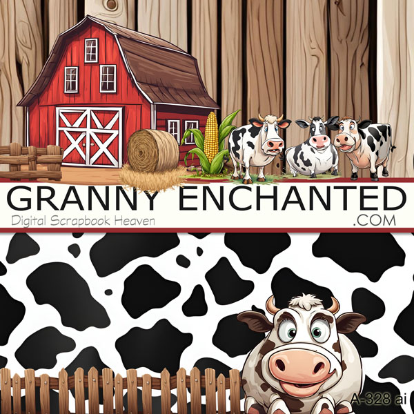 Farm scrapbook kit in digital format with barn, corn, hay, and cow clipart elements