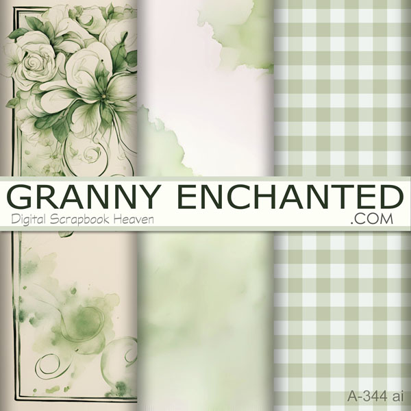 Pastel green background in floral, watercolor wash, and gingham digital formats.