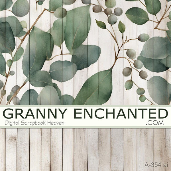 Eucalyptus leaf background in watercolor style with wood background, both in digital format